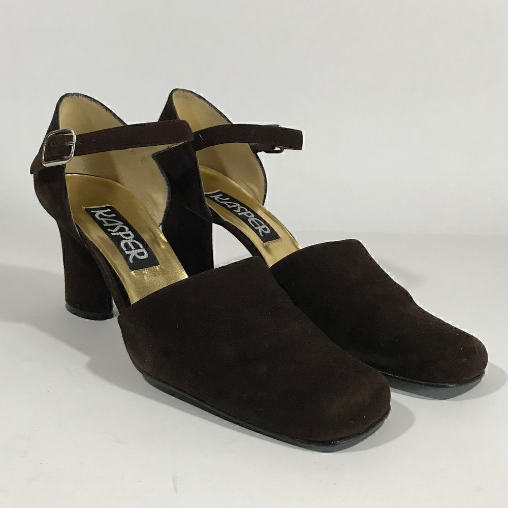 Vintage Kasper Brown Suede Oval Heel wAnkle Strap